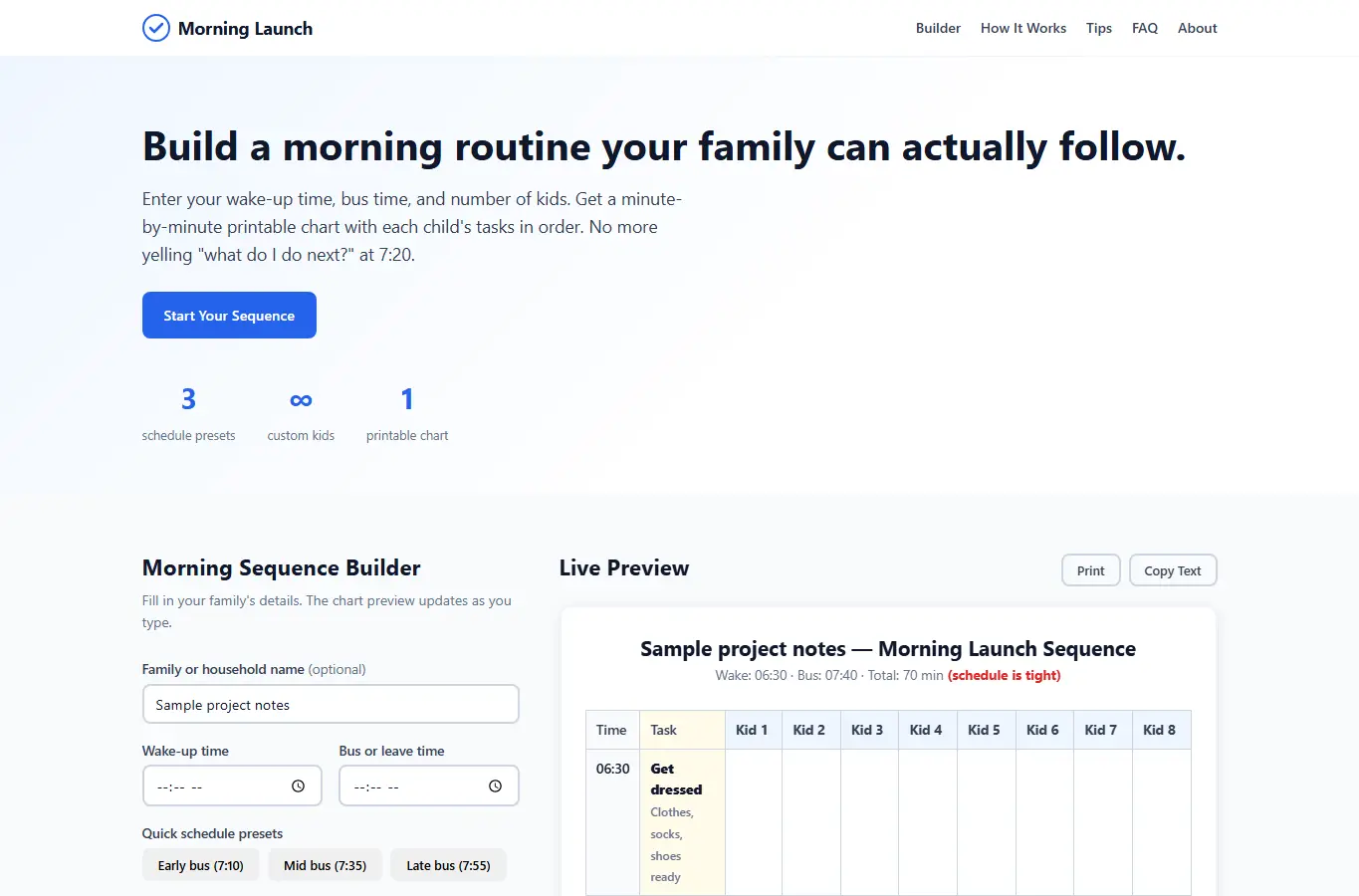 Screenshot of School Morning Launch Sequence interface showing the project page in use